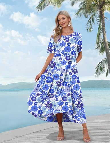 YESNO Women Casual Loose Bohemian Floral Dress with Pockets Short Sleeve Long Maxi Summer Beach Swing Dress S EJF CR417