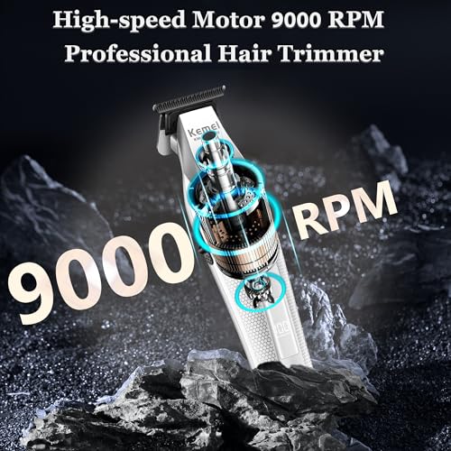 KEMEI 3023-702 Hair & Beard Trimmer for Men, 9000 RPM Zero Gapped Trimmers for Barbers with Full Metal Body, Professional Hair Clippers with LED Display, Ceramic and DLC Blades