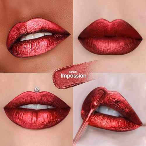 Dark Red Lipsticks for Women Metallic Lipstick Long Lasting Non Stick Cup Lip Gloss, Metal Shine Lightweight Hydrating Full Coverage Lip Color, DP104 Impassion