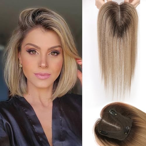 Starluck Real Human Hair Topper 14" Ombre Light Brown - 4.5"x5" Swiss Lace
