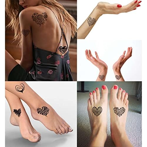 Heart Tattoo 18 sheets Temporary Tattoos for Adults Men and Women Black and White All Kinds of Love Heart Tree Folwer Leaves Fake Tattoo Kits Sets For Neck Arm Hands Leg Body Art Satickers