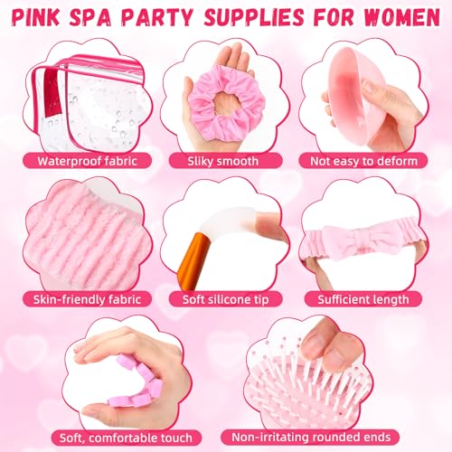 Geelin 132 Pcs/12 Set Spa Sleepover Party Favor Supplies Pink Cosmetic Bags with Heart Mirror Bow Headband Satin Hair Scrunchies Facial Mask Bowl Tool Kit Eye Mask Comb for Women Bridesmaid Gifts