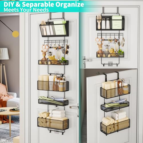 HapiRm 6-Tier Over-the-Door Organizer with Visual Pockets & Hooks (Hooks Style, Black) – Includes 4 Large Baskets