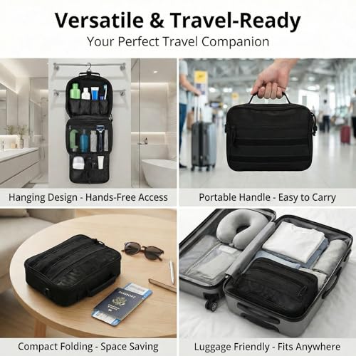 VELVEBAG Tactical Toiletry Bag for Men, Hanging Toiletry Bag for Men, Hanging Waterproof TravelShaving Hygiene Bag, Bathroom Multi-pocket Organizer, for Short Trips, Camping & Gym, Black
