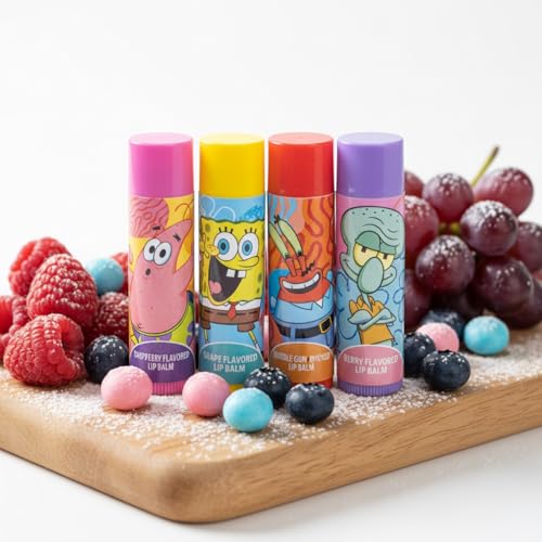 Spongebob Squarepants 4PK Plant-Based, Fruity Scented Lip Balm, & 1 Tin, Colorful Hydrating Mosturizor Swirl Lip Balm Set for Kids, by Townley Girl