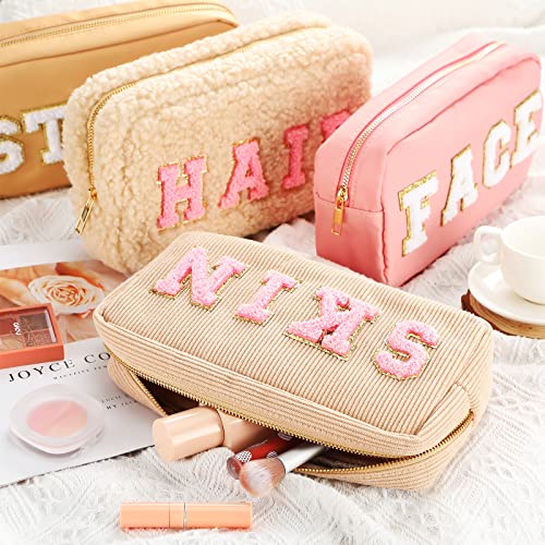 Kajaia 4 Pcs Preppy Makeup Bags Chenille Letter Bag Hair Face Skin Stuff Cosmetic Pouch Cases for Women Travel Toiletry Spend The Night(Simple Color,Charming)