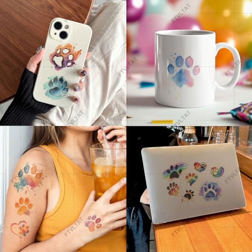 Watercolor Animal Paw Print Temporary Tattoos - 10 Sheets, 50+ Designs