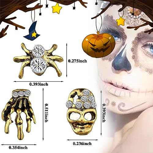 SILPECWEE 60pcs Halloween Nail Charms 3D Flat Back Nail Jewels Retro Skull Spider Skeleton Hand Charms for Nails Design Metal Nail Studs Alloy Nail Art Decoration for Acrylic Nails