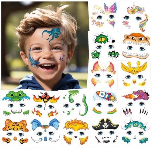 Partywind Temporary Face Tattoos for Kids, 24 Styles Waterproof