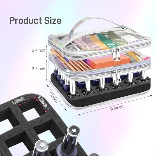 Beloving Nail Polish Organizer, Clear Double Tier Nail Storage Organizer Case Holds 30 Bottles, Portable PVC Nail Tech Bag with Dividers, Nail Polish Supplies Travel Case for Display