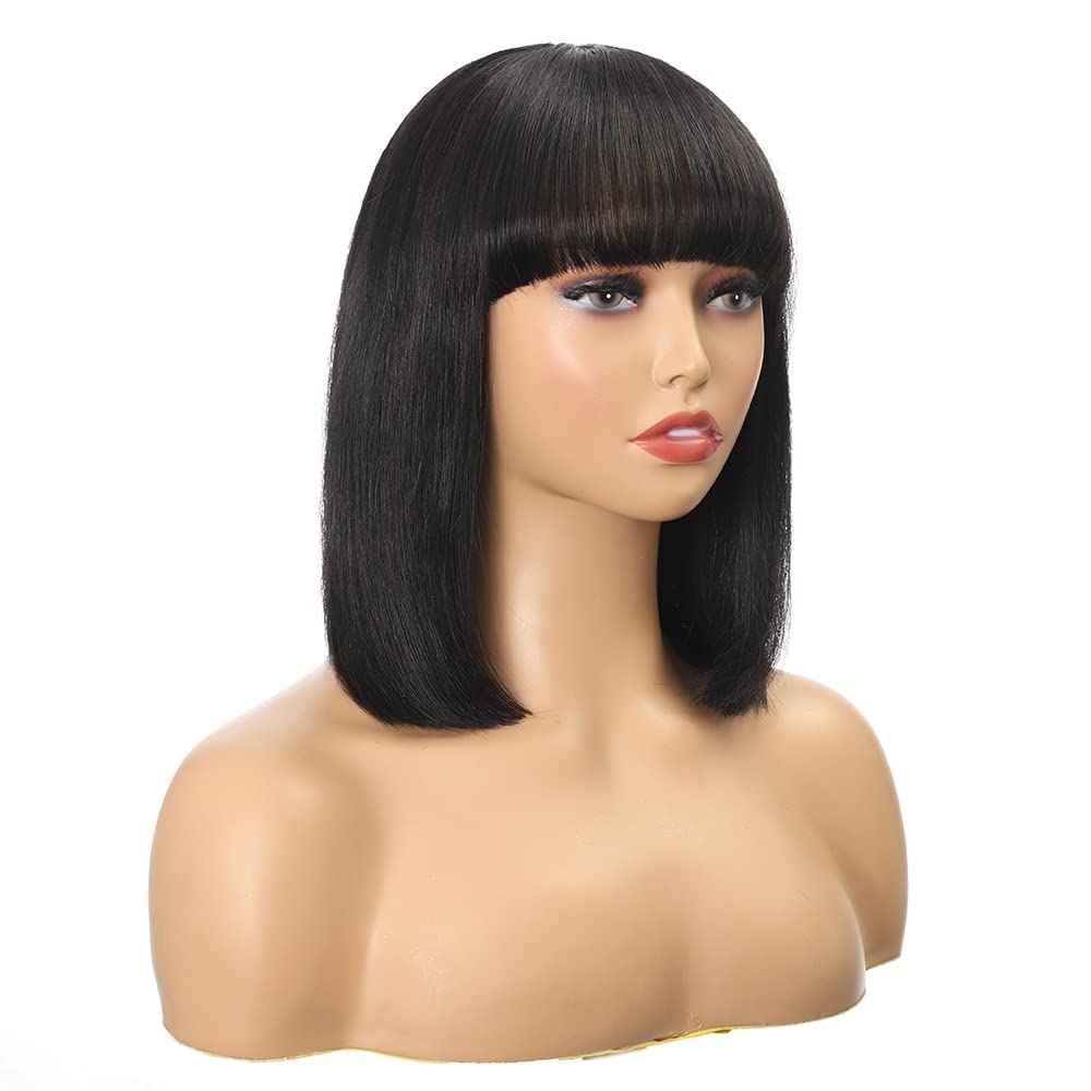 CINCIN Short Bob Wig with Bangs 100% Human Hair None Lace Front Machine Made Straight Bob Wigs for Women Natural Color Wigs Daily 14 Inch