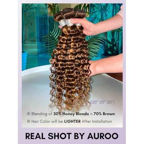 Honey Blonde Highlight 3 Deep Wave Bundles with 13x4 Frontal Human Hair 16 18 20+16, 12A 100% Virgin Thick Track Brazilian Weaves P4/27 Ombre Brown Curly Bundles with HD Lace Frontal Pre Plucked