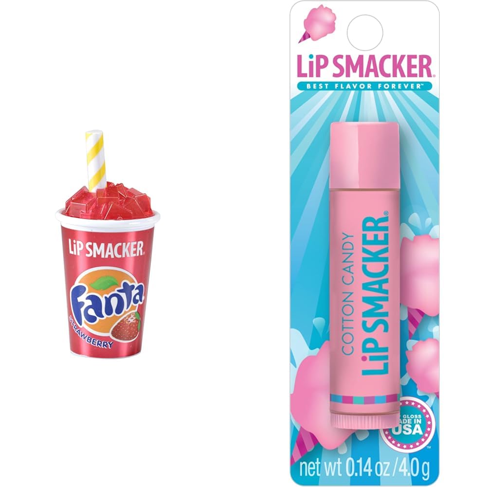 Lip Smacker Coca Cola Strawberry Fanta Strawberry Cup Lip Balm Bundle with Cotton Candy Flavored Lip Balm