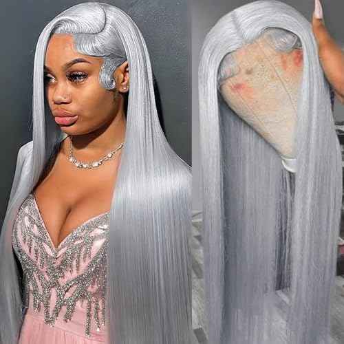 30 Inch Grey Lace Front Wigs Human Hair Straight 13x6 HD Transparent Lace Frontal Wig Human Hair Pre Plucked 180% Density Silver Grey Colored Glueless Lace Frontal Wigs for Black Women