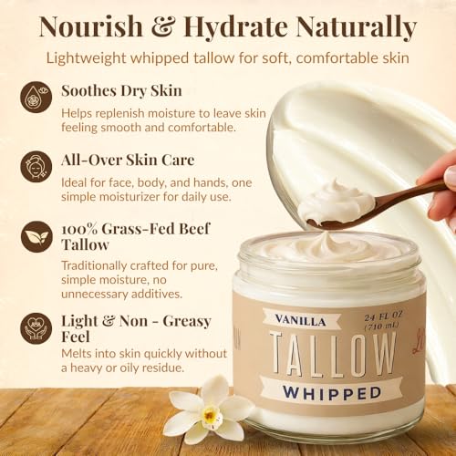 Whipped Tallow 24oz - All Natural Face Cream + Whole Body Moisturizer for Dry Skin - Made With Scented Oil Blend - No Preservatives, Parabens or Seed Oils - USA Made (Vanilla)