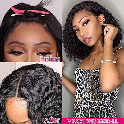 Curly V Part Human Hair Wigs No Leave Out Brazilian Human Hair Wig For Black Women Curly Bob Wig Upgrade U Part Wigs NO Glueless 180% Density Natural Black 12 Inch