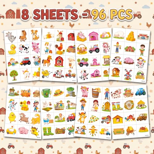 96 Farm Temporary Tattoos for Kids - Pre-Cut Barnyard