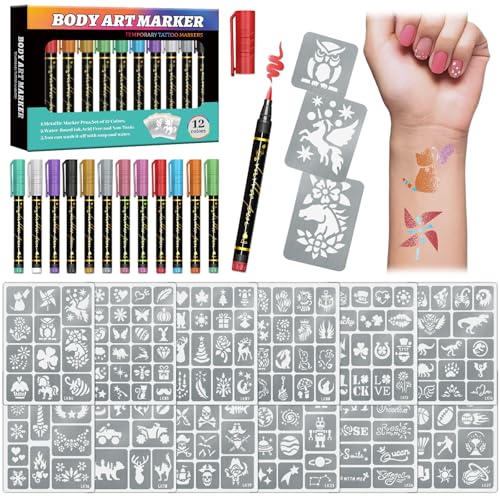 Temporary Tattoo Markers with Stencils - 12 Metallic Pens & 169 Designs