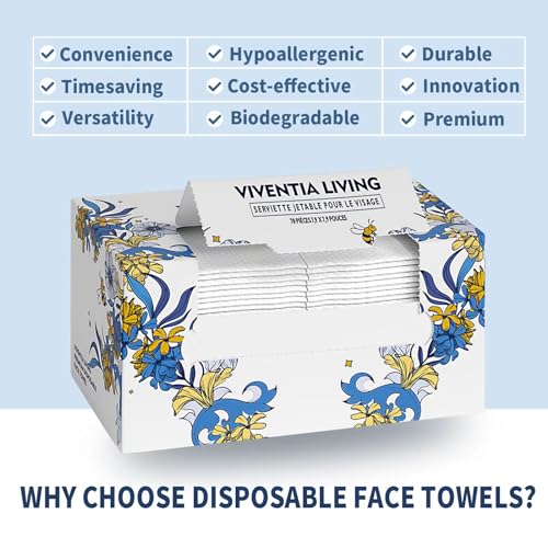 Viventia Living Disposable Face Towel, 100% Cotton, Ultra Soft & Biodegradable, Lint-Free Dry Wipes, Clean Towel, Makeup Remover for Sensitive Skin, Extra Large & Thick, 140 Count (2 Boxes)