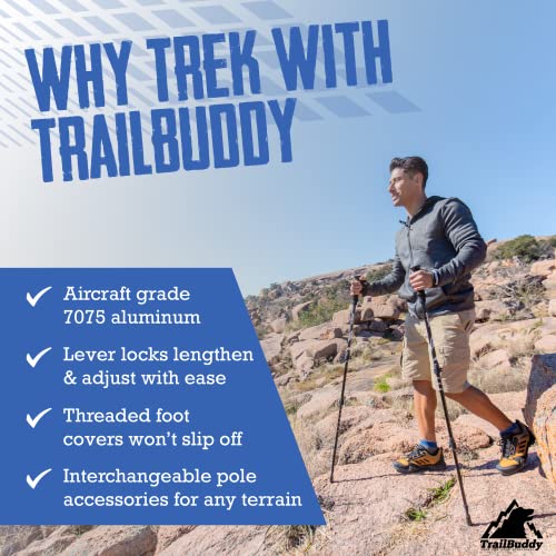 TrailBuddy Lightweight Trekking Poles - 2-pc Pack Adjustable Hiking or Walking Sticks - Strong Aircraft Aluminum - Quick Adjust Flip-Lock - Cork Grip, Padded Strap