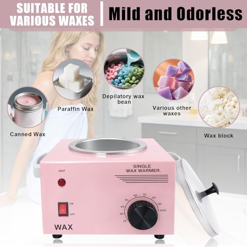 Electric Wax Warmer Machine for Body Hair Removal Hot SPA Aluminum Heater with Wooden Wax Sticks-Single Pot (Pink)