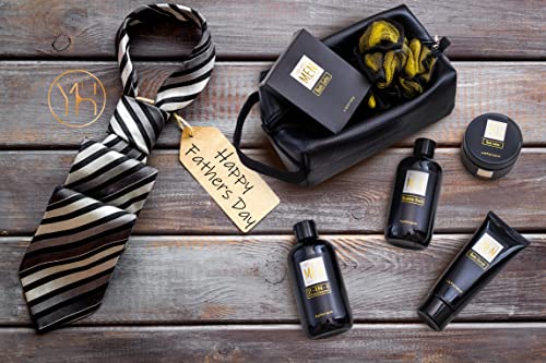 YARD HOUSE Bath and Body Spa Gift Baskets Set for Men - Sandalwood Amber - 7Pc Spa Kit w. Full Size Items in Leather Toiletry Bag - Fathers Day Birthday Gifts For Husband, Dad From Wife, Daughter Son