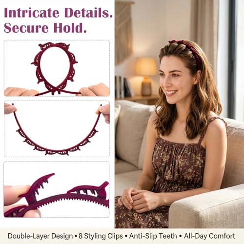 2-Pack Non-Slip Hair Clip Headbands with 8 Clips, Black & Wine Red