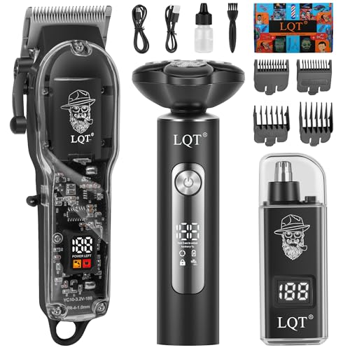 Hair Clippers for Men with LED Power Display, 3-Piece Professional Grooming Kit with Magnetic Attachment Shaver & Nose Trimmer, Complete Cordless Rechargeable Barber Set for Home (Black)
