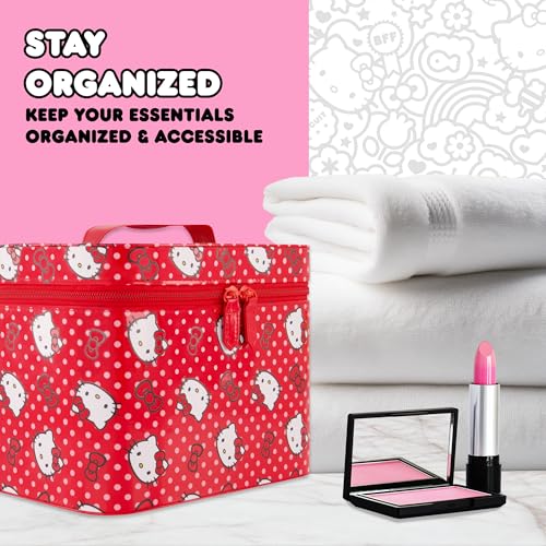 Hello Kitty Large Cosmetic Travel Case Organizer, Portable Makeup Box with Mirror and Dual Zipper