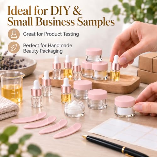 50 Pack 1ml Glass Dropper Bottles with Jars, Spatulas | Eikovia Pink/White Set
