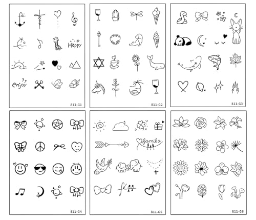 Cute Kawaii Temporary Tattoo Stickers - 6 Sheets Black Designs