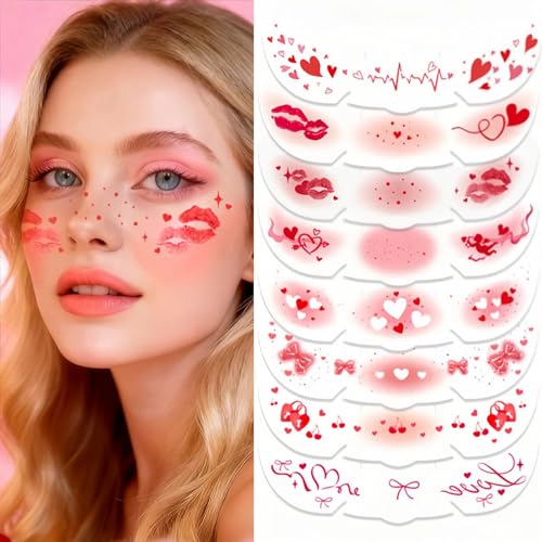 Valentine's Day Face Tattoo Stickers, 8 Sheets Waterproof Temporary Freckles