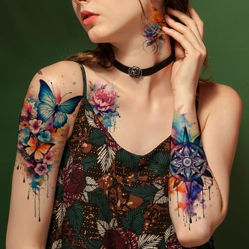 Glaryyears Watercolor Temporary Tattoos for Women Adults - Pattern A, 52 pcs