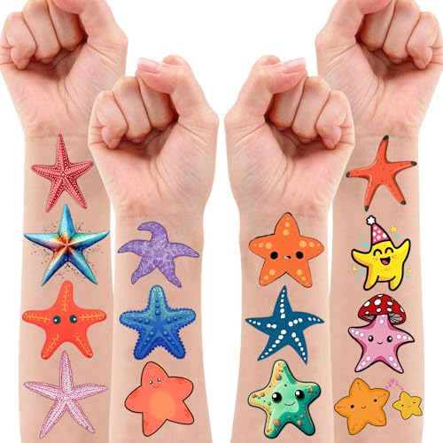 Cute Starfish Temporary Tattoos 10 Sheets 100PCS Under The Sea Party Decorations Supplies Favors Ocean Theme Birthday Cute Stickers Christmas Gifts for Boys Girls Kids Class School Prizes Carnival