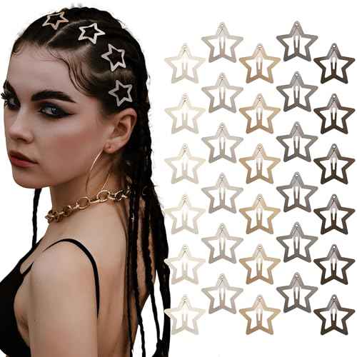 30 Pcs Metal Star Hair Clips 2000s Y2K Snap Barrettes 1.25 In Non Slip Star Hair Accessories for Women,Matte Multiple Brown