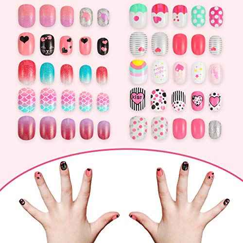 Maitys 240 Pcs Children False Nails Fall Thanksgiving Kids Girls Press on Short Artificial Fake Nails Pre Glue Full Cover Acrylic Nail Kit for Children Girl Nail Decoration, 10 Boxes(Pink Heart)