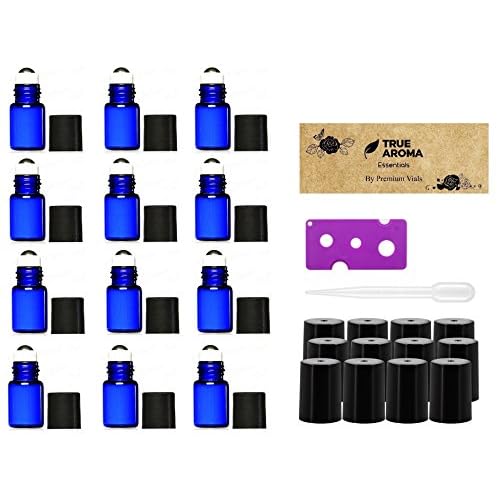 Premium Vials,12 pcs, Cobalt Blue, 2 ml Glass Roll-on Bottles with Stainless Steel Roller Balls - 1 Dropper and 1 Opener included, Refillable Aromatherapy Essential Oil Roll On (2ml)
