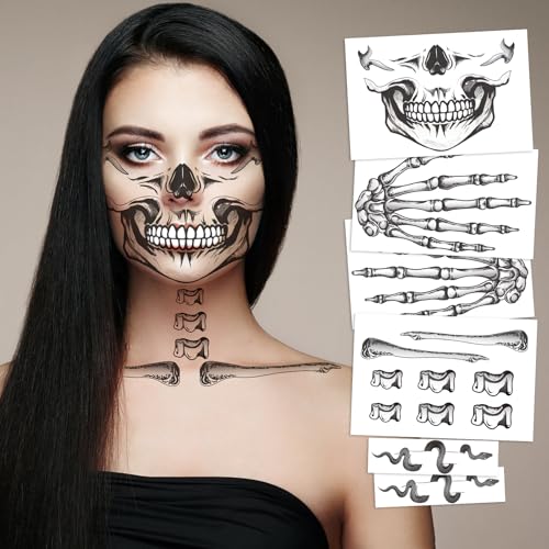 6 Pcs Skeleton Face Temporary Tattoos for Halloween