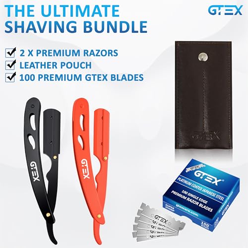 2 Straight Razor For Men (Red Black), 100 GTEX Premium Blades (Japanese Steel) - 2Pack Straight Edge Razor 100 Platinum Razor Blade - Navajas Para Barbero - Barber Razor For Men, Beard Razors