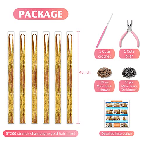 Champagne Gold Hair Tinsel Kit - 1200 Strands with Tools
