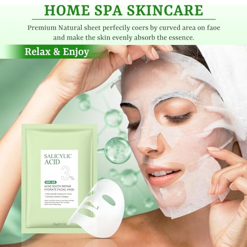 Anti Acne Face Mask Salicylic Acid Face Masks Skincare, Hydrating Face Masks, Soothing Facial Sheet Masks Skin Care for Acne Prone, Acne Mask for Pimple Breakouts Oil Control, 10 Pack