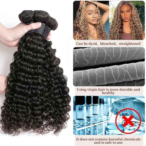 Deep Wave Human Hair Bundles, 24 Inch, Black, 100g/pc, 12A Grade, Virgin Brazilian Hair, Shedding Free, Tangle Free, Wavy, Deep Wave, WIG for Women