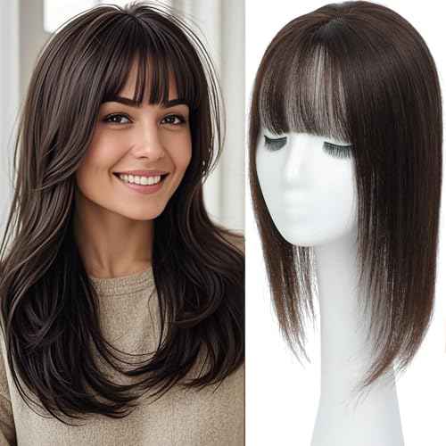 Hair Toppers for Women Real Human Hair, 360¡Æ3D Topper for Women with Thinning Crown Wispy Clip in Bangs Breathable Hand Tied Craft Big Coverage Hairpieces(Dark Brown£¨Big Coverage£©, 14 Inch-3D-Wispy)