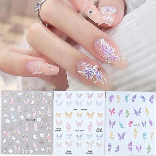 Butterfly Nail Art Stickers 3D Self-Adhesive Aurora Butterfly Nail Decals Blue Purple Pink Shining Glitter Butterfly Nail Art Design Supplies Manicure Sticker for Women Nails DIY Decorations 5 Sheets