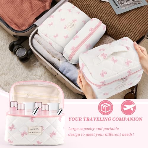 Quilted Floral Makeup Bag Set for Women - 3 Sizes, Travel Organizer