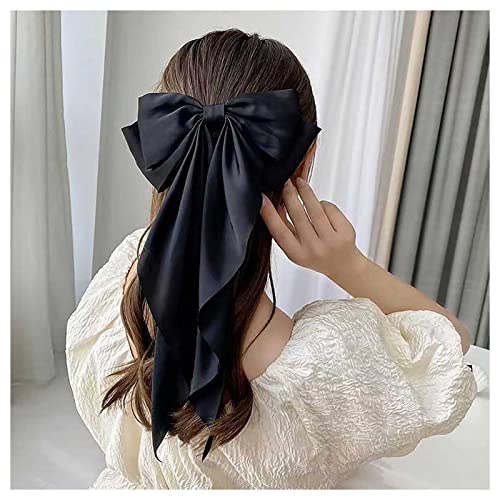 Andelaisi Vintage Silk Bow Hair Clips Black Bowknot Hair Barrettes Long Tail Silk Bow Hair Clip Barrette Large Bow Hair Accessories French Bowknot Clip Headpiece for Women and Girls Headdress (Black)