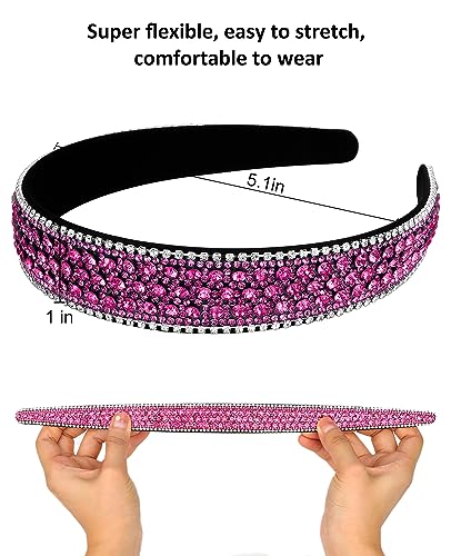 Wecoe Hot Pink Rhinestone Headband - Bling Sparkly Crystal Diamond Thin Hair Band for Women, Girls, Holiday, Birthday Gift