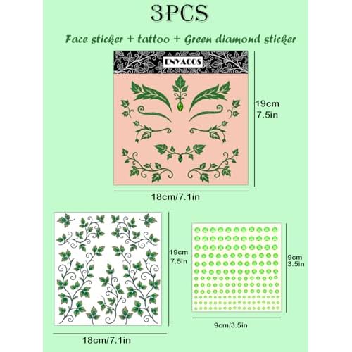 Ivy Face Sticker Set with Face Paint Temporary Tattoos and Green White Face Gems, Glitter Ivy Accessories for Halloween Costume, Cosplay Festival Makeup for Women Girls (A)