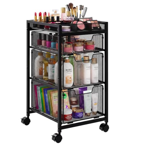 Rolling Makeup Cart Organizer 4-Tier 3 Drawers with Dividers, Black – JKsmart
