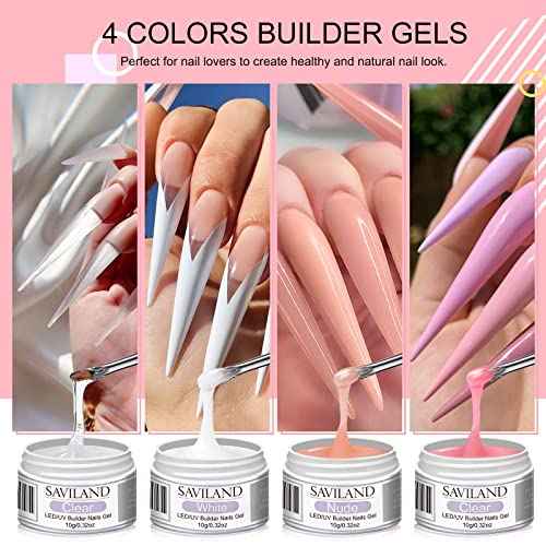SAVILAND Builder Nail Gel Kit: 4 Colors Thickening Builder Nail Gel Clear White Pink Nudes Nail Strengthener Soak Off U V Extension Gels with 100PCS Forms Brush Pen Manicure Tools Home Salon DIY